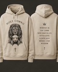 Beige hoodie with lion, lamb, and text design on front and back