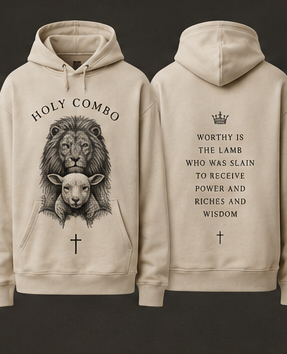 Beige hoodie with lion, lamb, and text design on front and back