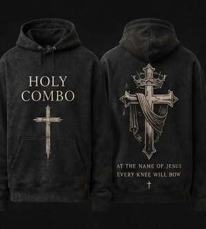Black hoodie with cross design and text on front and back