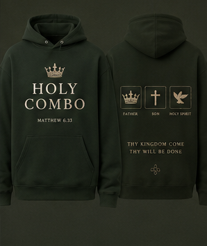 Dark hoodie with 'Holy Combo' text and religious symbols on front and back