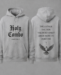 Gray hoodie with 'Holy Combo' text on the front and eagle design on the back, on a gray background.