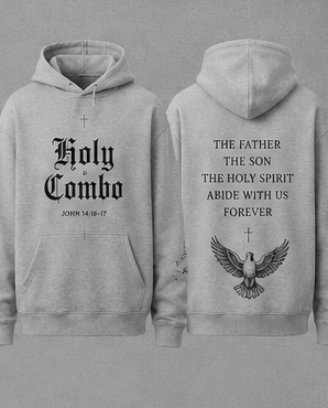 Gray hoodie with 'Holy Combo' text on the front and eagle design on the back, on a gray background.