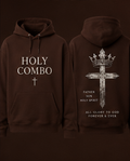 Brown hoodie with 'Holy Combo' text and cross design on a dark background