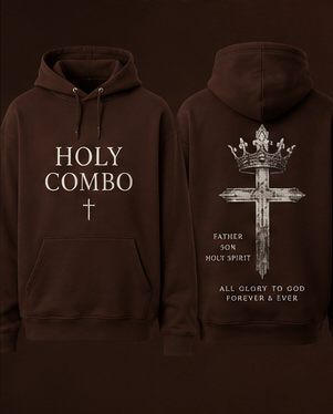 Brown hoodie with 'Holy Combo' text and cross design on a dark background